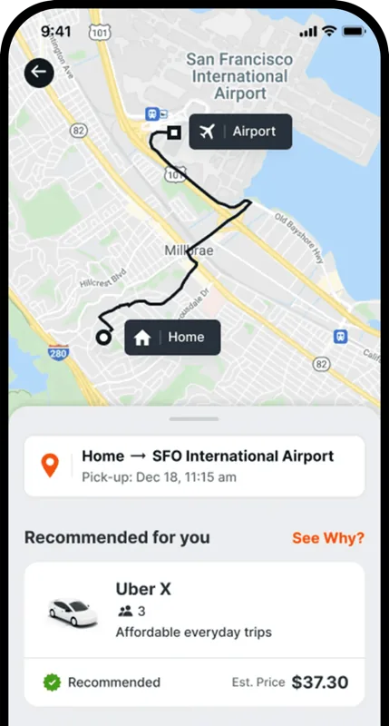Phone showing an Uber ride booked inside the Etta corporate travel app